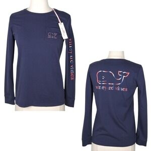 NWT Vineyard Vines Blue Red Americana TieDye Whale Long Sleeve Top- L Child Girl